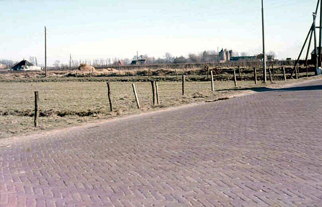 De boerderij van de fam. G. Schoehuis (links) en het kasteel Assumburg (rechts) gezien vanaf de Gerrit van Assendelftstraat. Situatie februari 1962. (dia C. Duineveld)