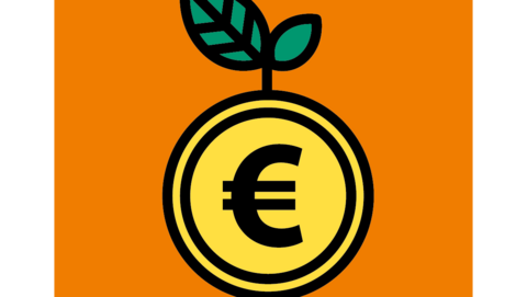 Een euromunt waar een blaadje uit groeit.